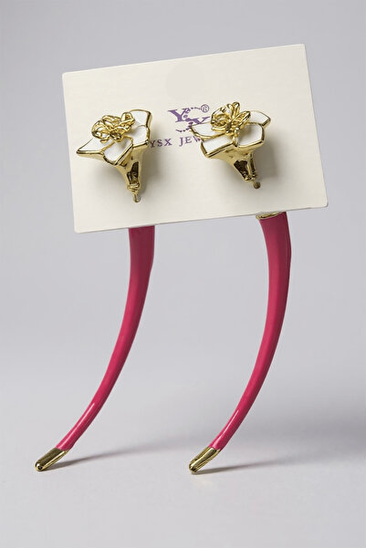 TAKIŞTIR Gold and Pink Color Flower Detailed Ysx Earrings (Pair)
