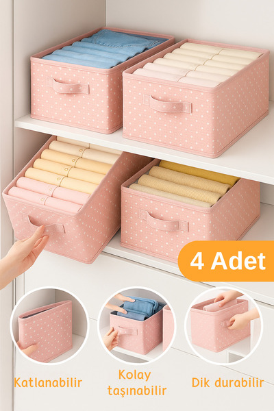 Serstil 4 Adet - Kıyafet Saklama Kutusu | Katlanabilir Dolap Içi Düzenleyici 45x25x20cm - Pembe Benekli