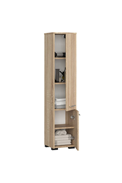SERSIMO Column-type bathroom cabinet with 2 doors and 5 shelves, laminated chipboard, 30x30x140 cm, sonoma