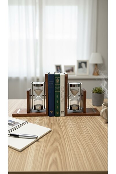 EVLE Ahşap Kitap Tutucu 2'li Set Kum Saatli Gümüş Renk Metal Lüks Ofis Kütüphane Kitaplık Desteği