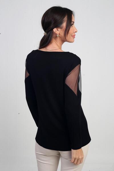 By Saygı Women's Asymmetrical Leather Detailed Tulle Stretch Fabric Strawberry Blouse