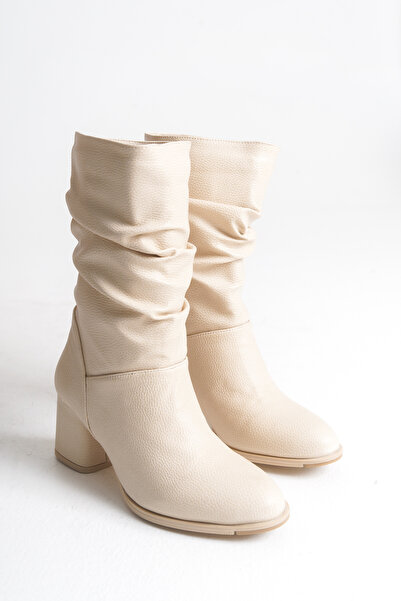 Ayakkabı Delisiyim Cizme de damă din piele bej cu toc Talpă anti-alunecare Toc gros Laura