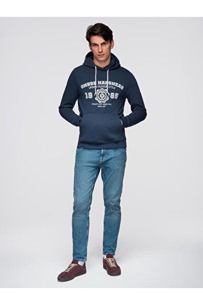 OMBRE Pánská sportovní mikina s kapucí s velkým potiskem - tmavě modrá V2 B1714