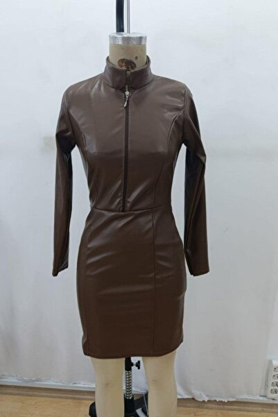 Mossta Collared Zipper Detailed Mini Leather Dress - Brown