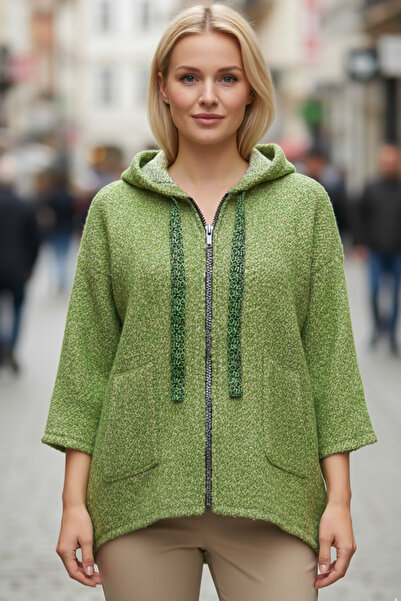 Chiccy Pistachio Green Hooded Long Sleeve Zippered Kangaroo Pocket Casual Boucle Oversized Woven Jacket 76 65