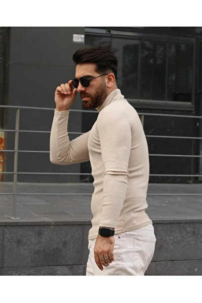 RANESA Μπεζ πλέξη ριμπ Πουλόβερ με ζιβάγκο ελαστικό ύφασμα