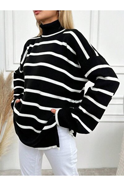 moda paketi Striped Turtleneck Sweater-Knitted Garment