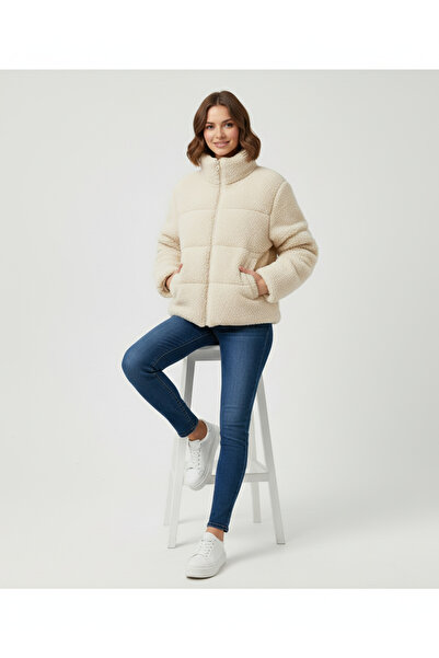 NİCE Γυναικείο πουπουλένιο παλτό από βελούδινο ύφασμα - Ψηλός γιακάς, με μοντέρνα ανάγλυφα λεπτομέρειες