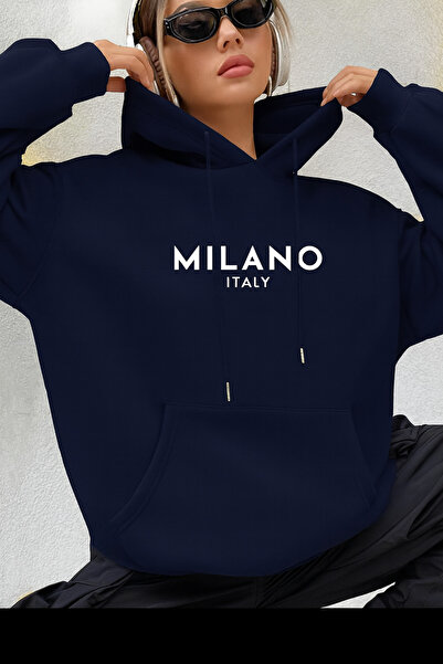 CLASSY.MODA سويت شيرت للجنسين بغطاء رأس مطبوع عليه عبارة 'ميلانو إيطاليا' مطب...