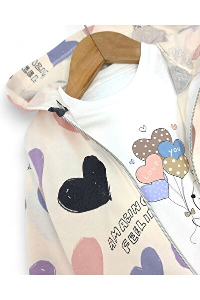 Ege Bebek Heart Patterned Hooded Cardigan Baby Girl Tracksuit Set 3-Piece Set 6-9-12-18-24 Months L 100% Cotton