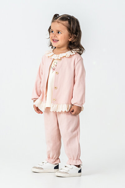 MİNİBORN 9157 Baby Girl Long Sleeve Pink Cotton Flowered Wooden Buttoned Triple Set