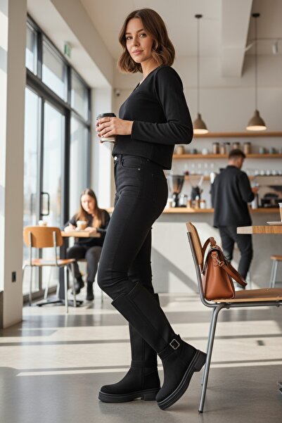 VeliKundura Nubuck Black Long Zippered Buckle Thick Sole Women's Boots