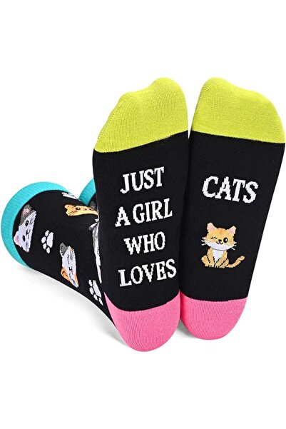 OEM Long funny socks with "Just a Girl Who Loves Cats" sole message, cat theme, one size