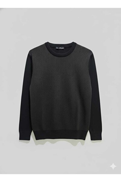 uppstairs Men's Black Crew Neck Patterned Sweater