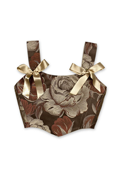 L'Aura Corset Kahverengi Floral Vintage Desenli Korse