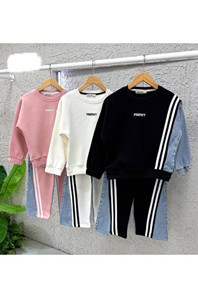 STAR GOGO KİDS Girl's 3-Piece Tracksuit Set with Denim Details (Size Fleece-Lined)