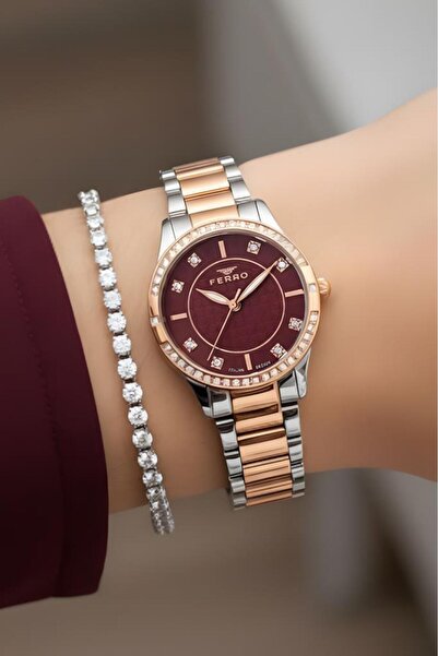 FERRO Rose/Metalik Çelik Bilezik Bordo Kadran Taşlı Kadın Kol Saati, Su Yolu Bileklik Hediyeli