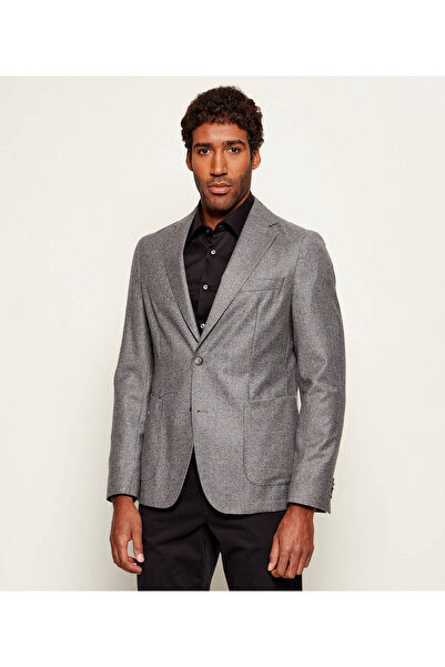 BOSS Erkek %100 Yün Çentikli Yaka Cep Detaylı Gri Ceket 50551595-041