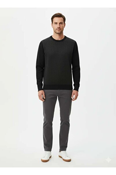 uppstairs Men's Black Crew Neck Patterned Sweater