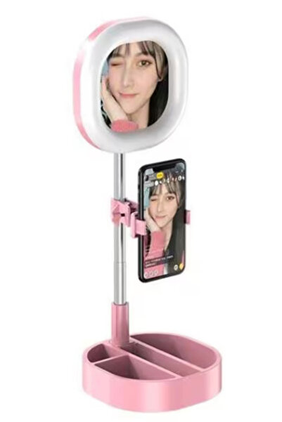 BASHAR Lampa circulara patrata de machiaj cu oglinda si suport telefon/accesorii
