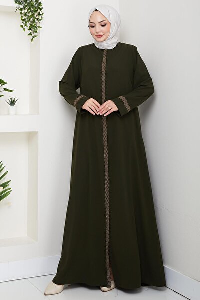 hafsamina Floral Embroidered Plus Size Ferace Khaki Hm2844