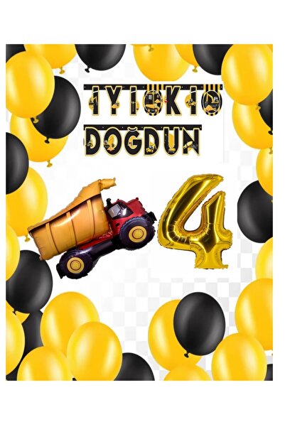 İSTOÇ PARTİ Construction Themed Birthday Banner Truck Balloon Set Gold Age 4