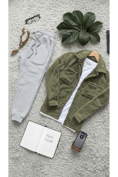 Fifty Color Khaki Buttoned Plush Jacket + Gray Sweatpants Bottom Combination