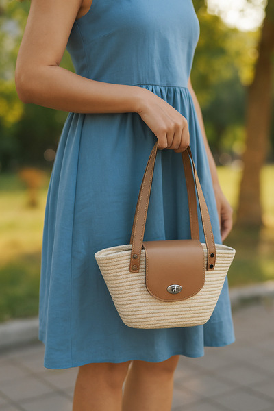 Bymiel Real Leather Detailed Straw Women's Shoulder Bag