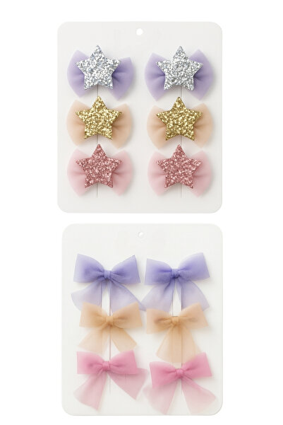 Soar Kids Aksesuar Girl's Star Detail Bow Hair Clips Purple Pink Salmon Set o...