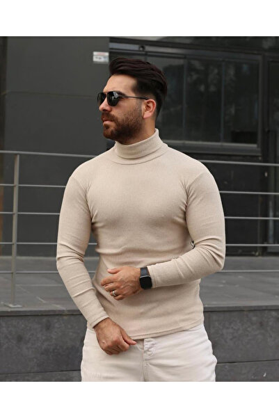 RANESA Μπεζ πλέξη ριμπ Πουλόβερ με ζιβάγκο ελαστικό ύφασμα