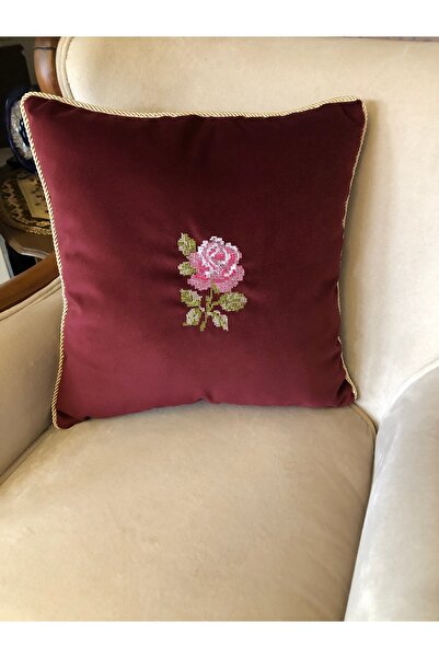 Home Gülbahar, Kanaviçe Nakışlı, Kordonlu Kadife, Kırlent Kılıfı, 40 x 40 cm
