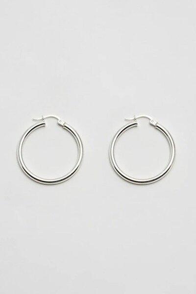TAKIŞTIR Silver Color Steel Hoop Earrings 25mm (Pair)