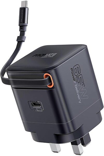 Promate 65W GaNFast Charger With USB-C Port, Built-In 65W Retractable Cable, Cubix-R65