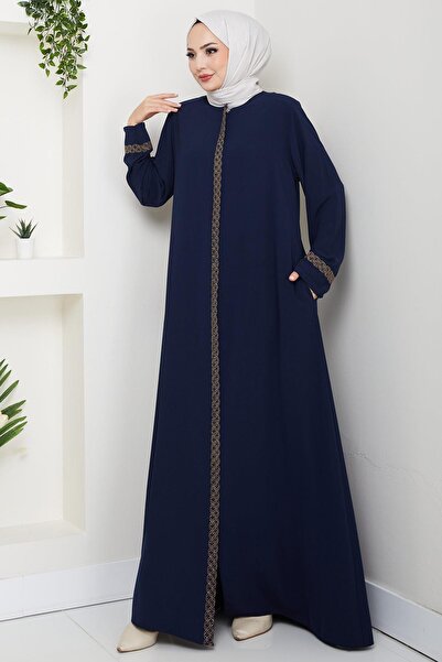 hafsamina Floral Embroidered Plus Size Ferace Navy Blue Hm2844