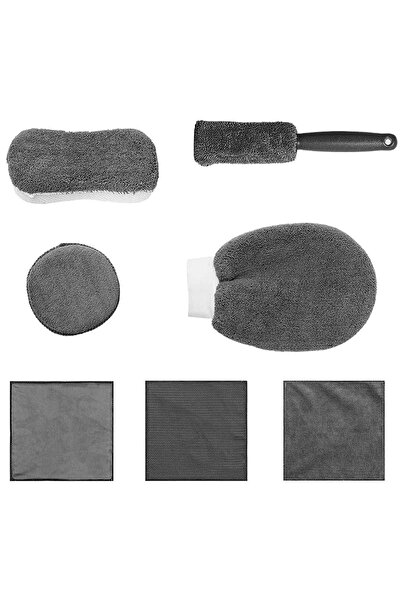 zola Car washing and cleaning kit, 9 pieces, sponge, glove, rim brush, wheel brushes, wash, grey
