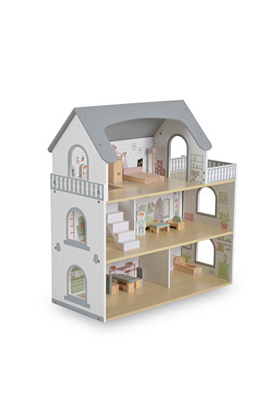 NUKIDO Moni Ema wooden dollhouse with 3 floors, 11 pieces of furniture and 2 wooden figurines included, dimensions