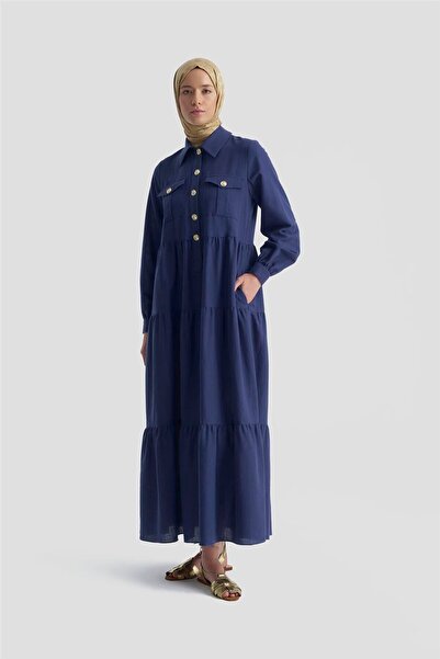Armine Katlı Keten Elbise 25Y9012 LACİVERT