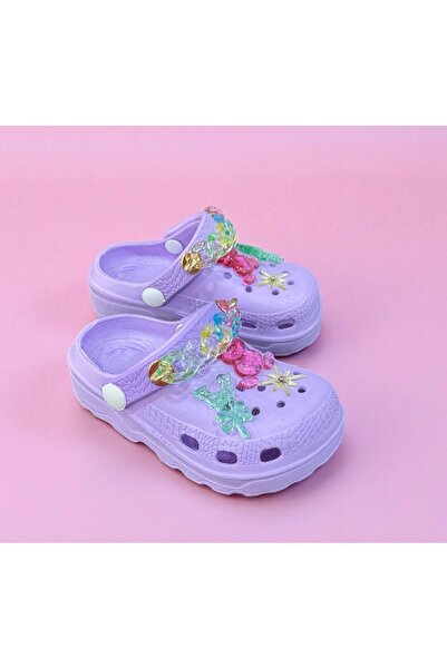 İpek kız çocuk lila taşlı hafif rahat taban önü kapalı terlik sandalet