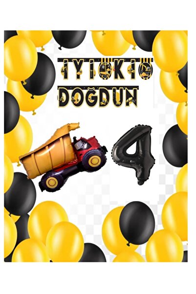 İSTOÇ PARTİ Construction Themed Birthday Banner Truck Balloon Set Black Age 4