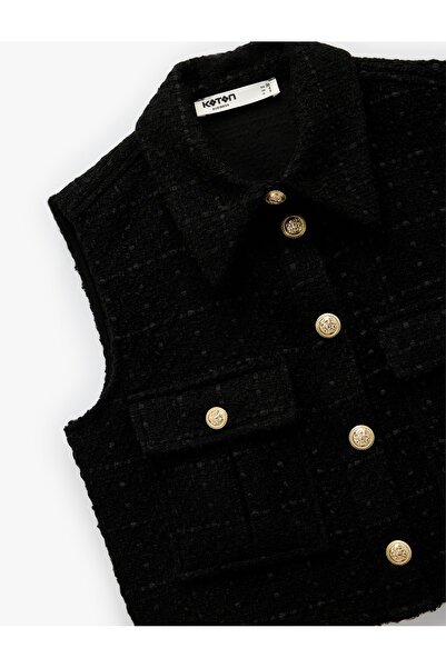 Koton Round Neck Buttoned Pocket Metal Accessory Detail Sleeveless Tweed Vest