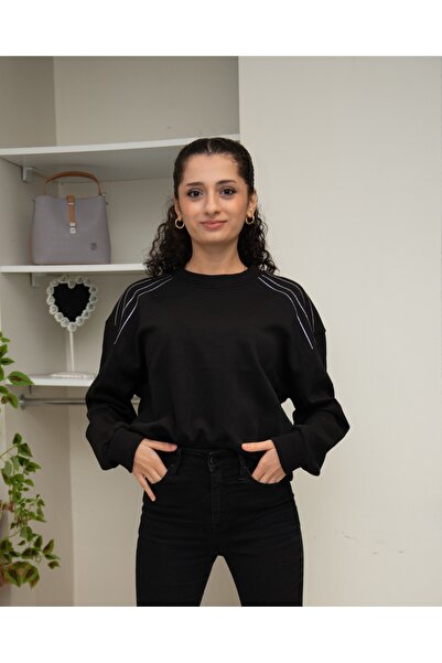 OLİAWEAR Kadın Taşlı Desenli Bisiklet Yaka Beyaz Sweatshirt