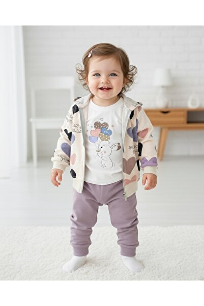 VOY KİDS Heart Patterned Hooded Cardigan Baby Girl Tracksuit Set 3-Piece Set 6-9-12-18-24 Months L 100% Cotton