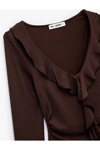 Koton Ruffle Detailed Long Sleeve Slim Fit V-Neck T-Shirt