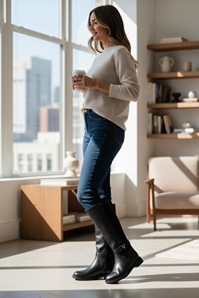 VeliKundura Black Long Zippered Buckle Strapped Thin Sole Women's Boots