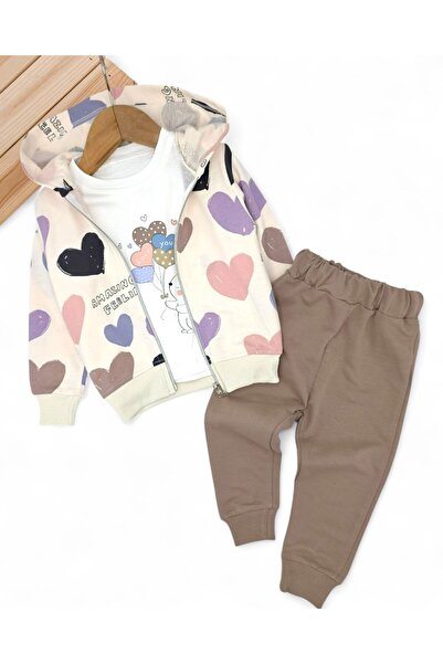 Ege Bebek Heart Patterned Hooded Cardigan Baby Girl Tracksuit Set 3-Piece Set 6-9-12-18-24 Months L 100% Cotton