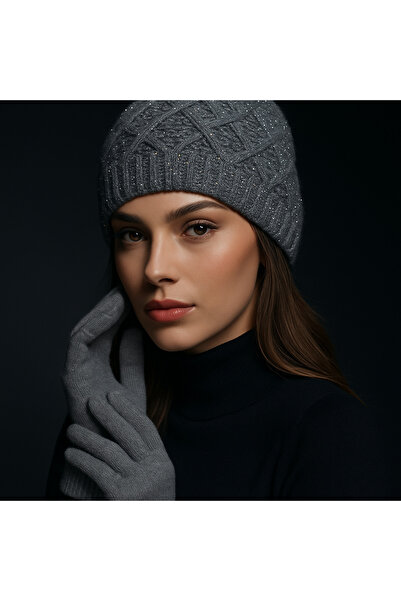 SİSTEM PELUŞ Elegant Knitted Patterned Silvery Beanie & Soft Textured Gloves Set - Winter Combination