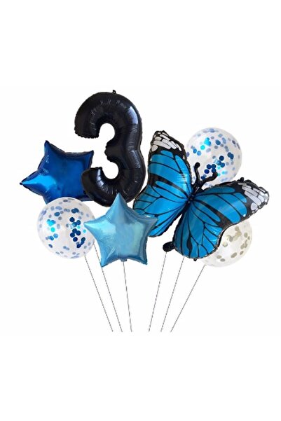İSTOÇ PARTİ Blue Butterfly Star Balloon Foil Set Birthday Set Age 3
