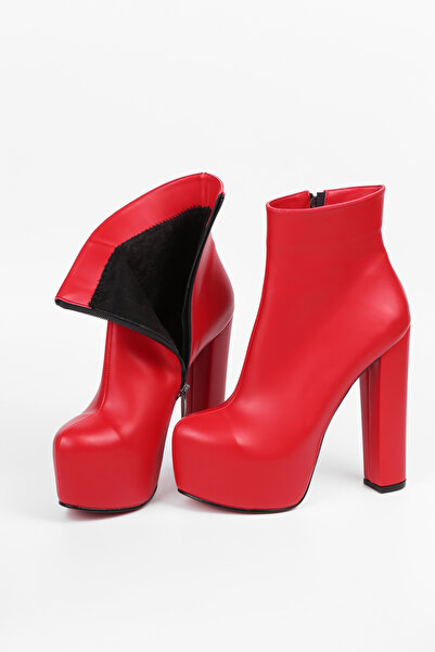 Extra Shoes İstanbul Cizme de damă cu platformă din piele roșie, cu fermoar, cu toc gros