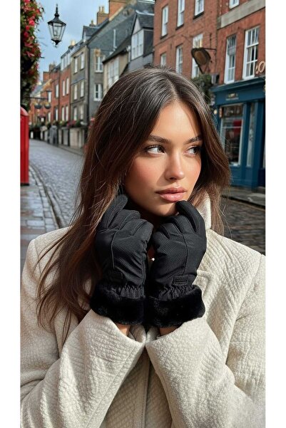 LAGRANZE قفازات نسائية من الجلد الصناعي بتفاصيل فرو مبطنة