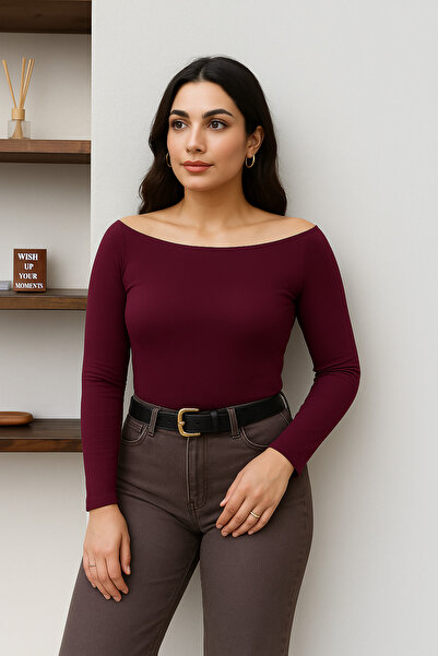 BEGBOR LİNGERİE Women's Purple Boat Neck Long Sleeve Fit Basic Bodysuit